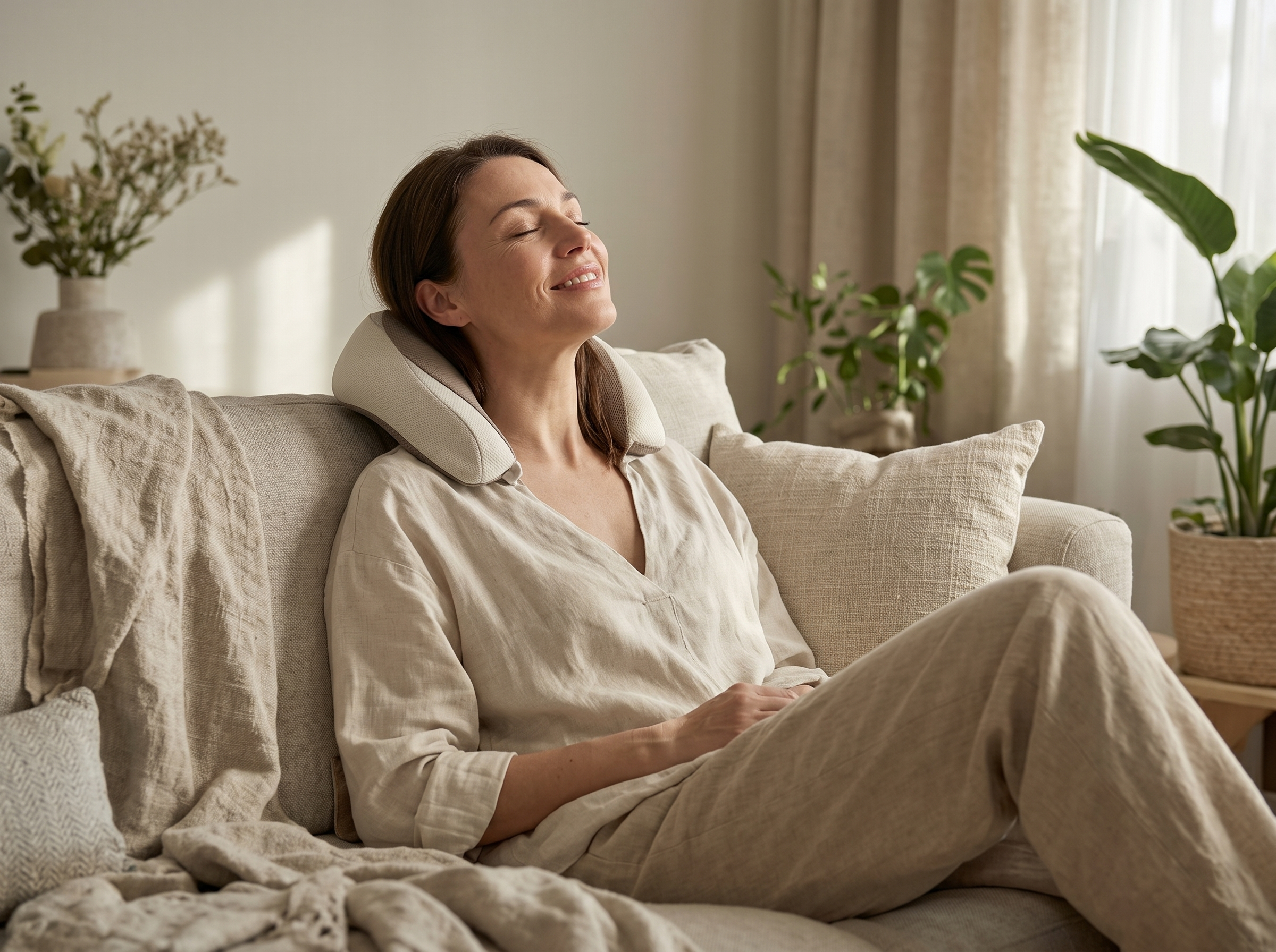 Woman relaxing with neck pillow